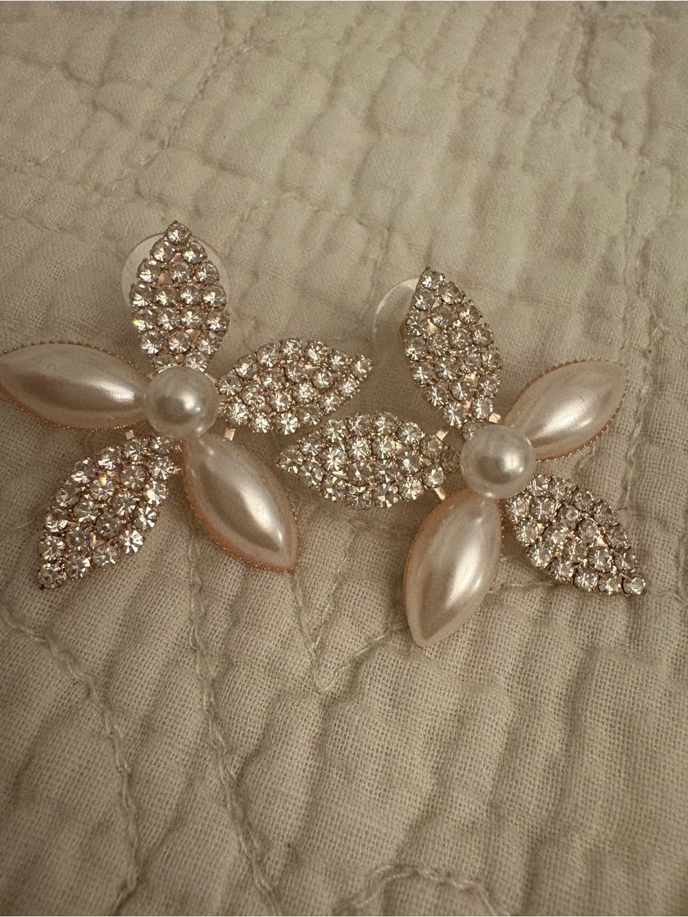 Rose Gold Faux Pearl & Crystal Flower Statement Stud Earrings